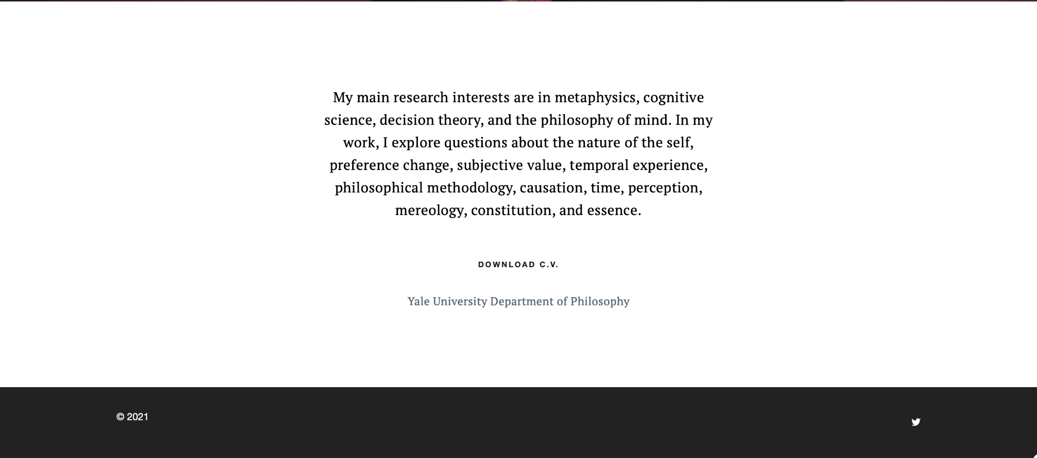 Research interests, download CV link, Yale University Department of Philosophy link, and footer.